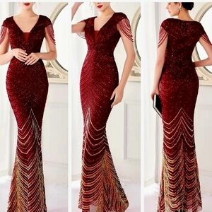 Burgundy Graphic Print, Contrast Sequined,  Draped Rhinestone, Mermaid G…